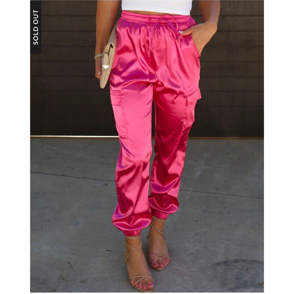 Vici Idem Ditto large pink satin cargo joggers pants NEW NWT